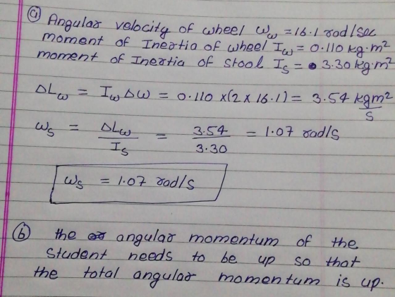 Angular velocity of aheel moment af Ineatia of wheel I= 0.110 kgm moment of Ineatia oE Stook Ie 16-1 o -3.30 kg m DLO wo llo