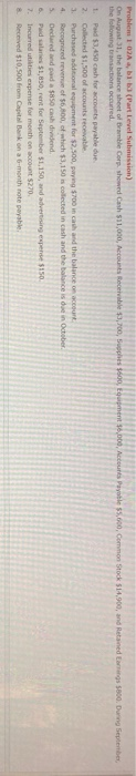 Problem 1 02A a, bl b3 (Part Level Submission) On August 31, the balance sheet of Bramble Corp. showed Cash $11,000, Accounts