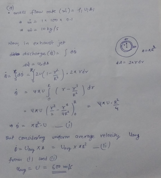 mass flow rate (m) = 1; U; A; 1 X 100 X m = = lokg/s do 10 Now, in exhaust jet dostos discharge (0) - s de de=uda AZXR² dA= 2