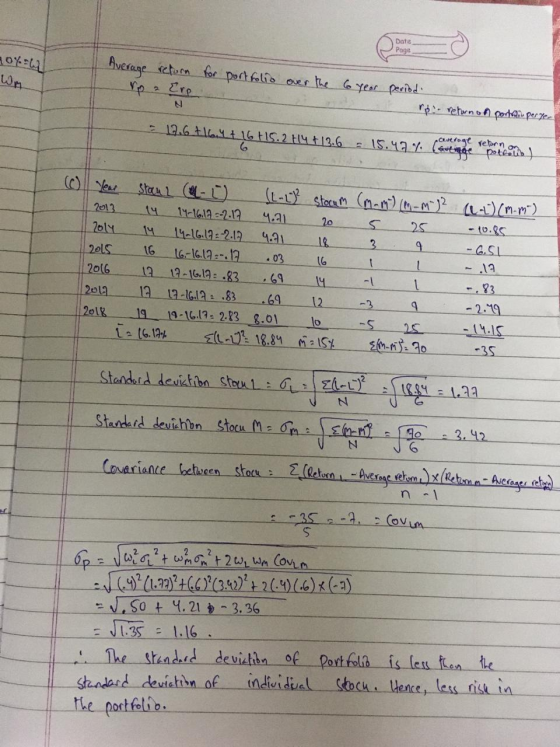 Date Page 40%=w for Average return rpere 2 12.6 portfolio over the 6 year period e - r - return on portain perger 1.2 16 H15.