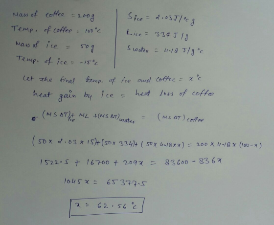coffee tn。с heat gain by ice he loss of coff ผู้- се /522. Sナ, 6.700 + 209χニ83600-83 62( 262 56