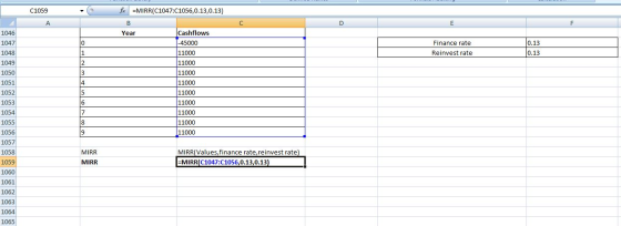 C1059 fc =MIRR(C1047:C1056,0.13,0.13) В Year Finance rate Reinvest rate 1046 1047 1048 1049 1050 1051 1052 Cashflow: -45000 1