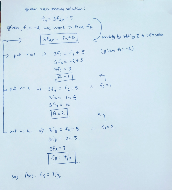 given recurrence relation: fo=3fan-5. given, f1=-2 we want to find fg: → 3 fan= fnt5 modity by adding 5 to both sides (given