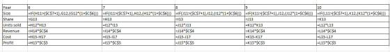 H13 Year Size Share Units sold Revenue Cost Profit =IF(H11>{$C$7+1),G12, (G12*(1+$C$6))) =G13 =H12*H13 =H14*$C$4 =H15-H17 =H1