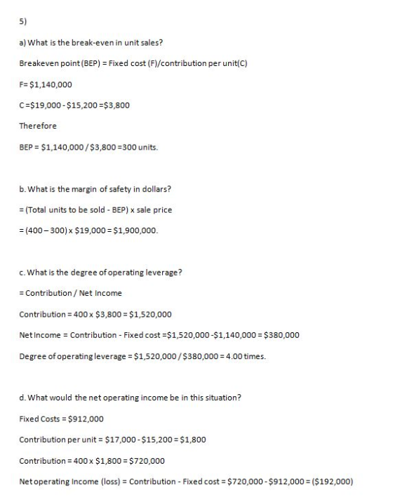 a) What is the break-even in unit sales? Breakeven point(BEP) = Fixed cost (F)/contribution per unit(C) F= $1,140,000 C=$19,0