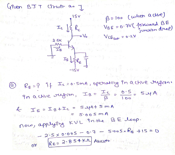 Given BJT cirupt as I de telefon ko qisy Ic & Rc tovo B2100 (when a chve) VBE = 0.7VC forward BE 1. Junction drop) VC Esan =