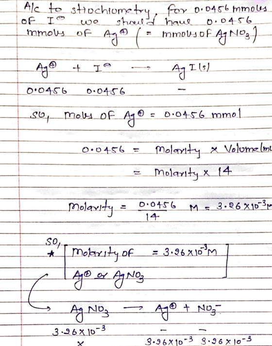 Ale to stochiometry for 0.0456 mmoles OF I we should have 0.0456 mmols of Ag ( =_mmous of AJ Nog Ag +1e - AJ I (8) 0.0456 0.0