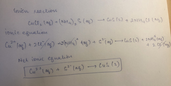 Gwen reaction culla (ap) + (NH4)₂S (ag) - Cus (s) + 2NH4Cl lag) ionic equation Cu* 19g) + 24%98) 2(* tag) + 5°(ag) — LS LS) +