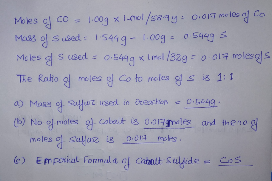 1.00g x 1-mol/s8.9g- 0.07 mo les ol Co CO Moles Sused 1544 9-1.00g o. 5449 S Mass xI mol /32g o Ol7 moless S used= O.5449 Mol