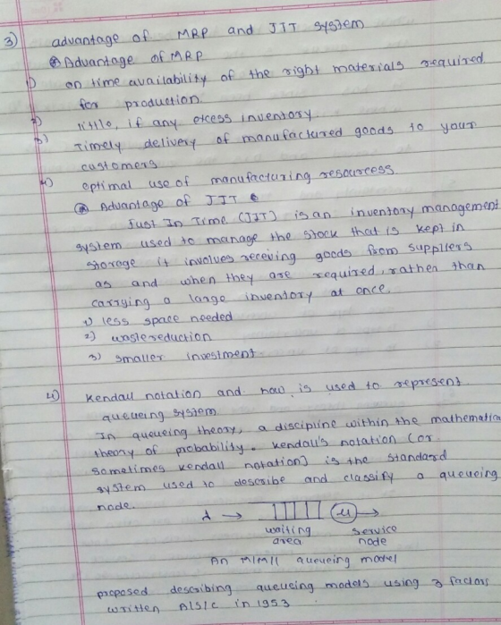 3 advantage MRP and JI9em のAduard.age ofrARD an kime evailabitity of the night matestals asqud tos production illo if any elcess iaelivesy of manufackined goods o you customers eptimal use of manufacturing esosces ust io Time caTisan inuentony managemen ㄧ一gysi em used to manage the shock that..S kepi in oogeinvolues eceving goods fiom Suppliess as and when they 03 less space needed 3) Smaller inues equineduathen ange inuendor 2) wosteseduction LO Kendaul notation and hotu is used t0 spresso queueing t). queueing theosy ipline within the mathematia cle so sube_ and classify-_a_queueing 斜53e m nodo used 30 uwaiting anec s envico node nlm ueueing model acpased descaibing queueing modets using faciors