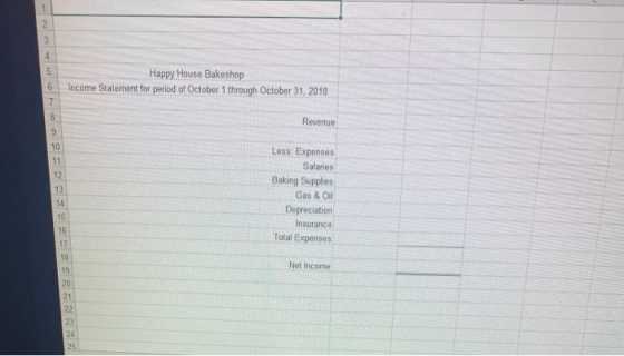 1 2 3 4 Happy House Bakeshop Income Statement for period of October 1 through October 31, 2018 Revenue 5 6 7 8 9 10 11 12 13