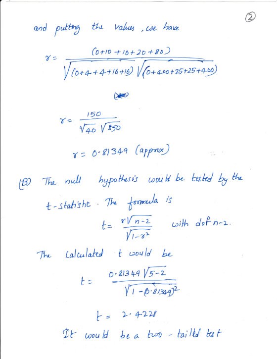 and puty thu val,oe hau +55+429) 150 0.8)349 (approx) (B) The nul hypoheis obedy Bu t-Stabishe Te 2. The Calculatedt ouldbe
