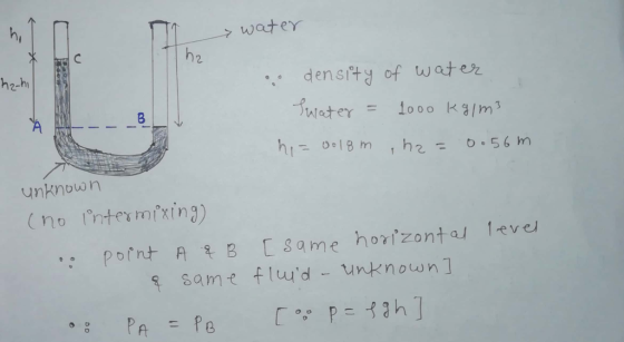 water Thr density of water Suater = 1000 kg/m3 hi=0018m ha= 0.56 m unknown (no intermixing) .: point A & B [same horizontal l