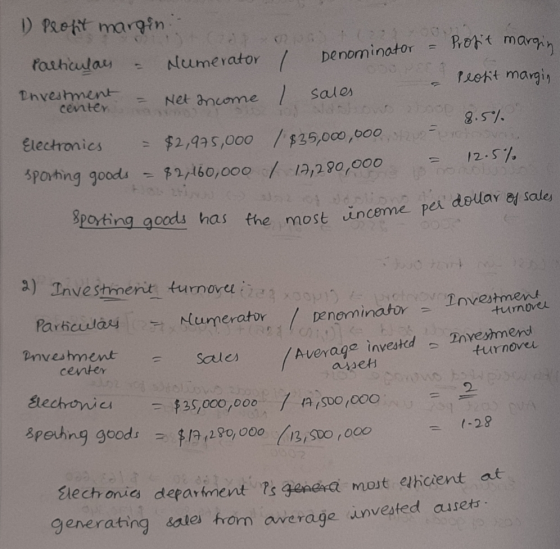 1) Profit margin: ominator - be Numeya Profit margin peost margin Investment center - Net Income I say sales 00 8.5% 9.5 . El
