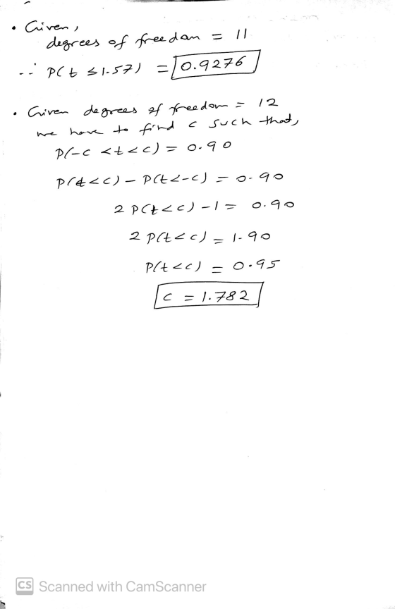 Civen, degrees of freedom = il PC ts1-57) -10.9276 . Criven degrees of freedom 12 have to find a csuch that, PC-< <t<c) = 0.9