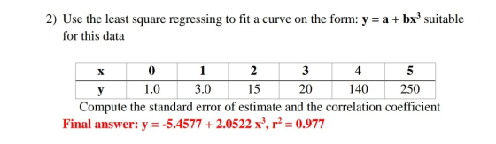 2) Use the least square regressing to fit a curve on the form: y = a + bx’ suitable for this data X 0 1 2 3 4 5 у 1.0 3.0 15