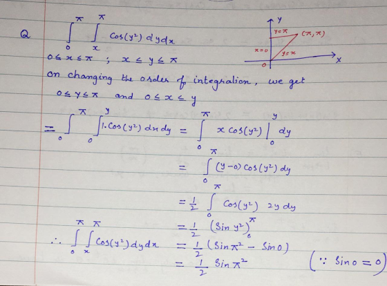 Y=7 Cos(y²) dyda (AT) 7 =0 o sin os no ; x = yLk OLYST and of x = y 2 1. Cos (92) andy = I x cos(42) O к = f (y-o) cos (42) d