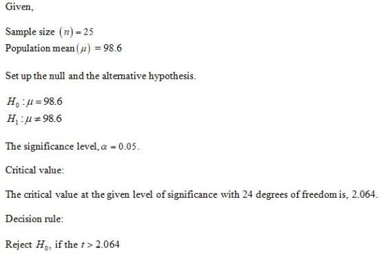 Given, Sample size (n) = 25 Population mean(u) = 98.6 Set up the null and the alternative hypothesis. H - u=98.6 Hu=98.6 The