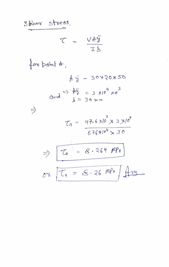 shear stress, T. va Ib for point it, 30x20x50 3 A x104 and b = 30mm ) 3 ta 47.6 x 16 x 3.x/09 5767104 x 30 =) Ta 8.264 mpa on