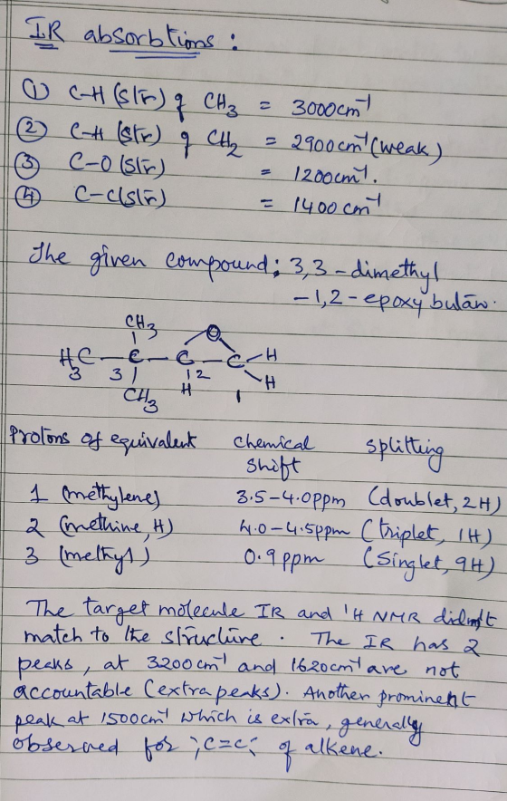 IR absorbtions : = 3000cm 2 O C-H(SIF) of CH3 ② CH (str) of CH₂ C-O (SIE) 2900 cm (weak) C-cslr) 1200cm. = 1400 cant C-H 31 1