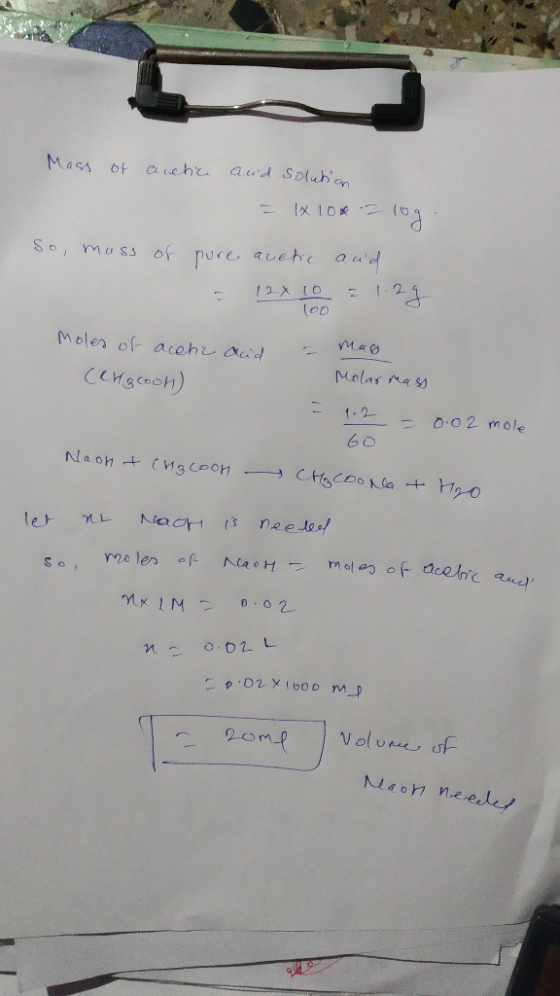 Mass of arctic and solution XLOR = 10g so, muss of pure anetic and - 12.X TO 1.29 lop Moles of acehe aid (engcoon) I mag Mola