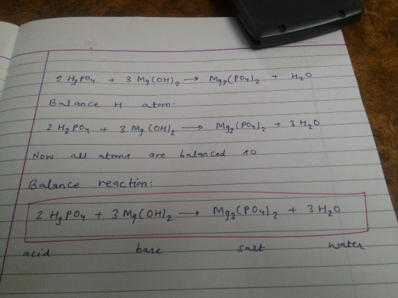 2 H₂ pou + 3 Mg(OH), Mg₂ (Poyl2 + H₂O Balance 4 atom 2 H₂ Poy + 3 mg COHl, Mg, (Poul2 + 3 H₂O Now all atoma are balanced so B