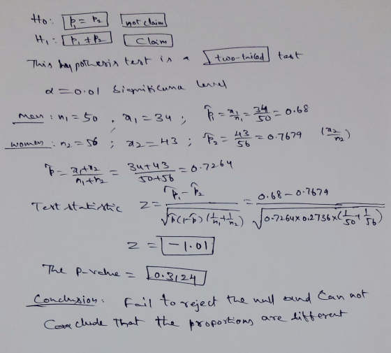 Hoi LP = P2 not claim! HP + P2 Claim This hypothesis test is two-tailed text 2 -0.01 Significana level in =50 = 0.68 - ** 9,-
