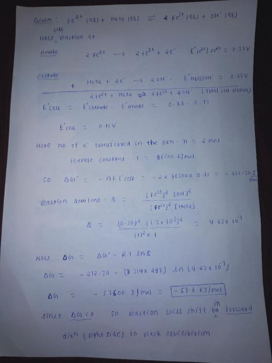 Criven: Feat 102) + H2OR (99) = Fe3+141+ OH 199) cell Halt reaction at Anode 2 Fept - 2 Fe3+ + 20 € rest | Fent = 0.770 catho