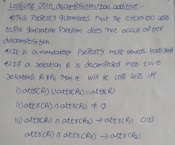 Lossless Join de composi bien/ Dan additive :- B) This property gurcentees that the extra os) LOSS tople generation problem d