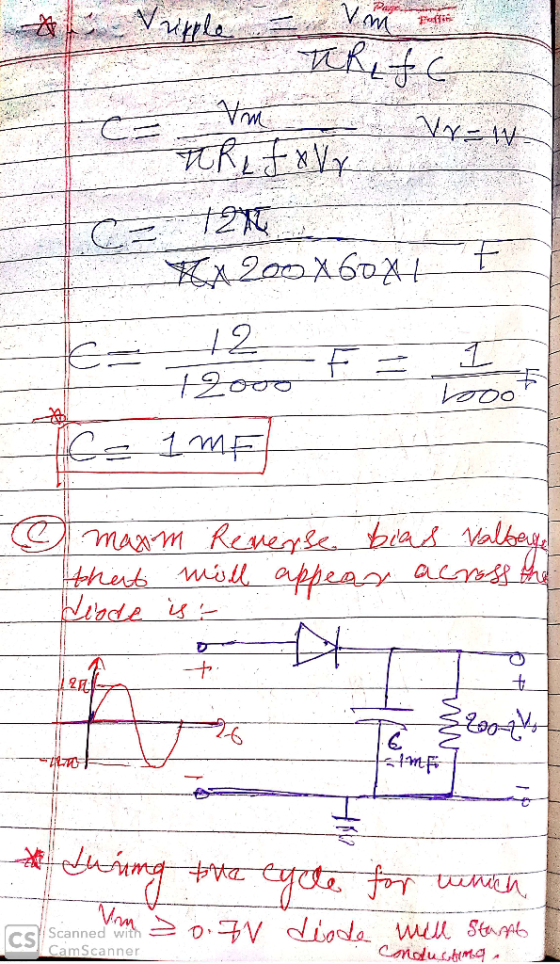 Vripple Feffin Vr=W- FA200X60XT 12 +20లల C= 1MF O magim Reverse bias Valbey that misll appear acess the Heade is- uing क तप्र