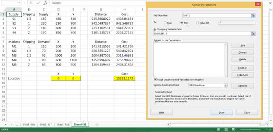 Supply Solver Parameters - A Supply x B Shipping 1.5 1 fc C Supply 180 220 140 Set Objective: SH$15 450 280 S2 Y 820 900 400