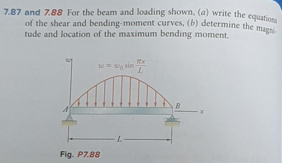 7.87 and 788 For the beam and loading shown, (a) write the of the shear and bending-moment curves, (b) determine th tude and