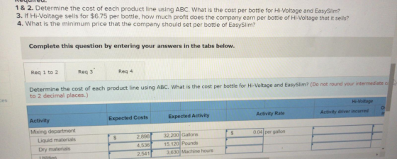 1 & 2. Determine the cost of each product line using ABC. What is the cost per bottle for Hi-Voltage and EasySlim? 3. If Hi-V