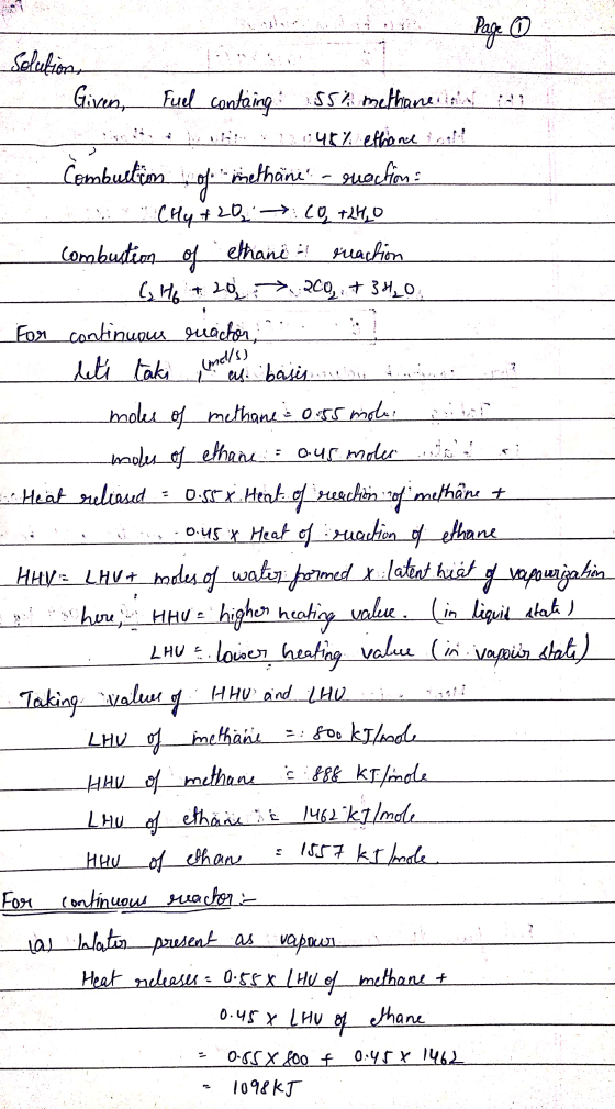 Page ① imells) I Solutions Given. Full containg 55% methane is 22745% effiance Combustim methane - reaction (Hy + 20 :: CO +