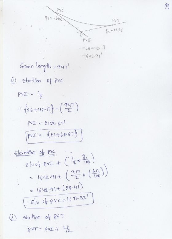 PVC. g;= -60% PVT 92 = +1,2% PVI =26442.17 = 1642.91 1 Given length=947) ů station of PVC PVI - 2 = 426+42-17} - (247) PVL =