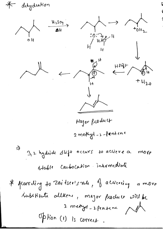 * dehydration H₂SO4 AH TO :0:204, Olt +H Major product 2 methyl-2-pentene - 3,2 hy dejde slift occurs to actieve a more stubl