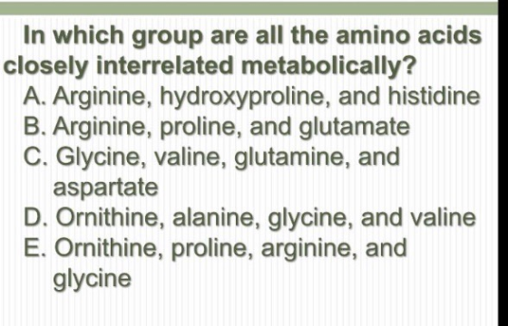In which group are all the amino acids closely interrelated metabolically? A. Arginine, hydroxyproline, and histidine B. Argi