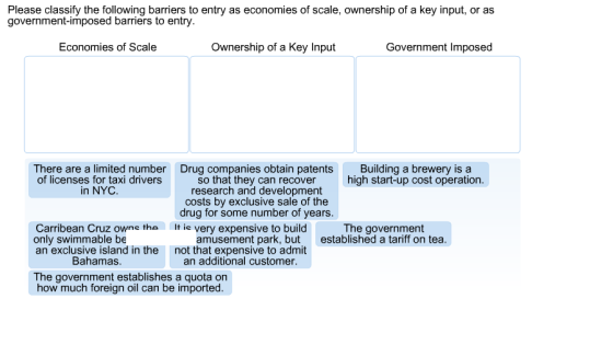 Please classify the following barriers to entry as