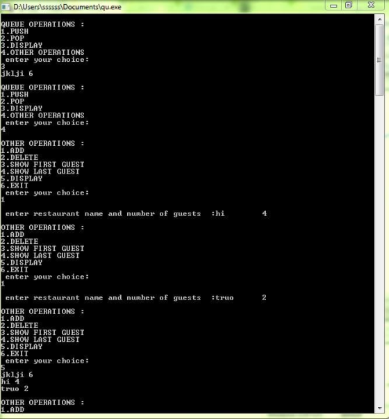 X D:\Users\ssssss\Documents\qu.exe QUEUE OPERATIONS: 11.PUSH 2.POP 3.DISPLAY 4.OTHER OPERATIONS enter your choice: 3 jklji 6