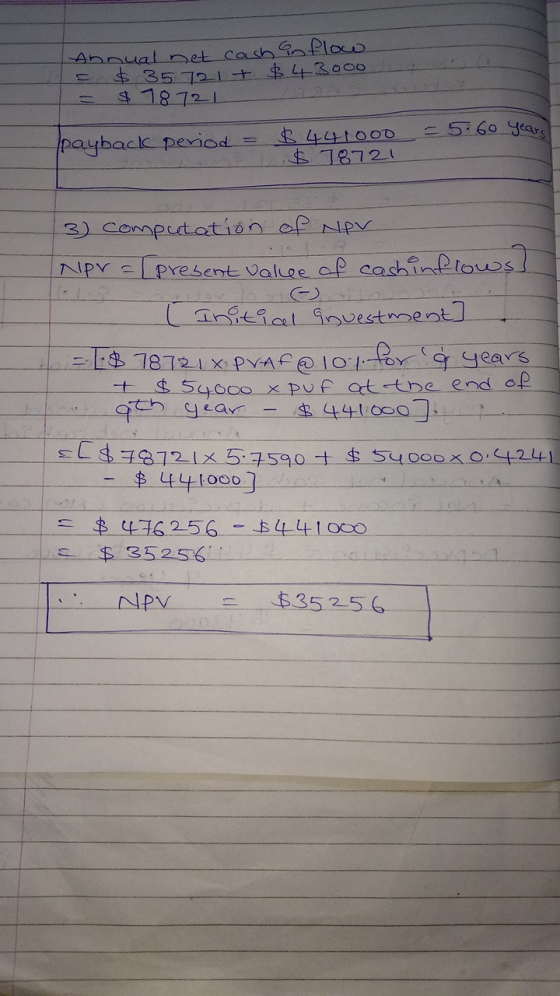 Annual net cash in flow 5 $ 35 721 + $ 4+3000 = $78721 payback period = $441000 $ 18721 = 5.60 years 6 ) 3) Computation of Ne
