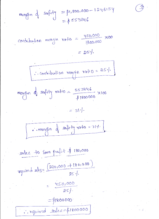 © margin of safety = $1,800,000 - 1246154 = $553846 450,000 x100 contribution margin ratio =- 1,800,000 = 95. is contes butio