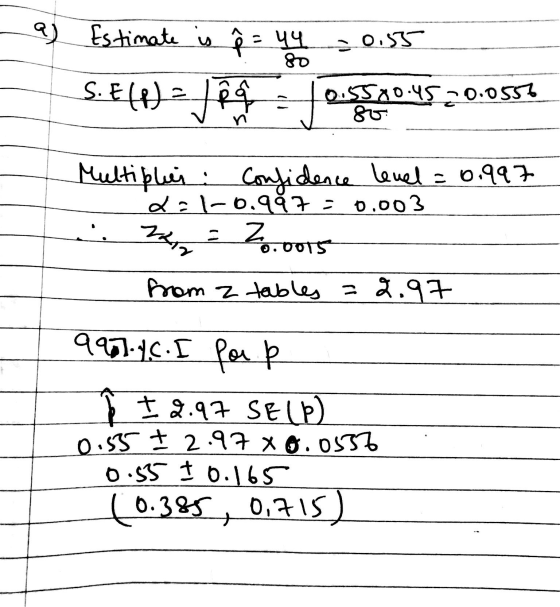 as Estimate is 9 = 44 - 0.55 S.E(P) = /24 - 10.55x0.45 20.0556 80 Multiples : Confidence level = 0.997 2=1-0.987 = 0.003 .. 2