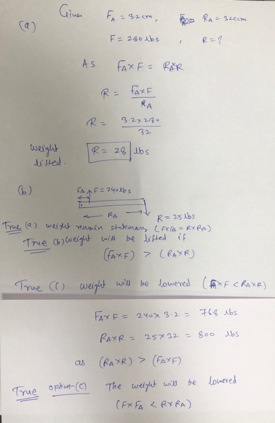 Cinen A = 3.2cm, Faco Ra=32com F= 260 lbs , R=2 AS FAXF=RAR R= FAXE RA - 3.2x280 - 32 weight lifted. R = 28/ubs FA AF=240lbs