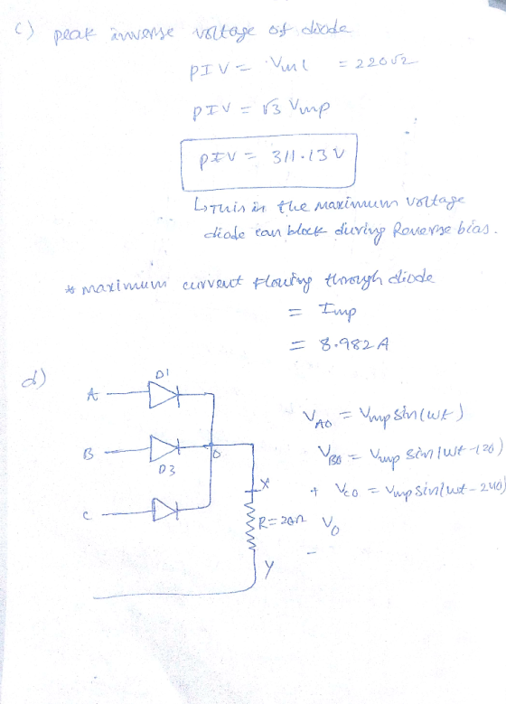 c) peak anverse voltage of diode PIV- Yul = 22002 PIV = 3 Vimp pan= 311-13 Louis in the maximum voltage diode een block dievi