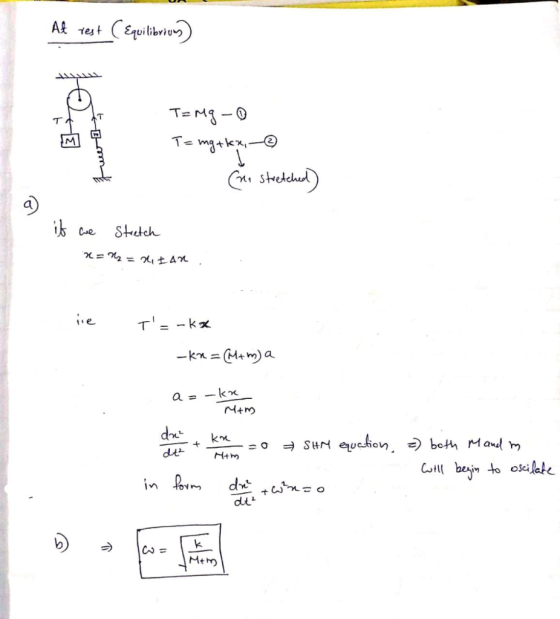 At Test Equilibrium) T= mg - T= mgxkx, -② (ni stretched if we Stretch x= 1 = 21 Ian. nie T=-kx _kn = (M+ m) a Mim az - kenti