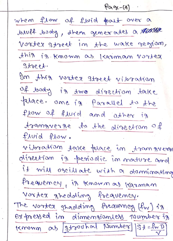 Page-(4) whom flow of fluid part over a buff body, them generates a XROOT vortex street in the wake regiom, this is known as