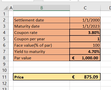 B 1/1/2000 1/1/2023 3.80% Settlement date Maturity date Coupon rate Coupon per year Face valuel% of par) Yield to maturity Pa