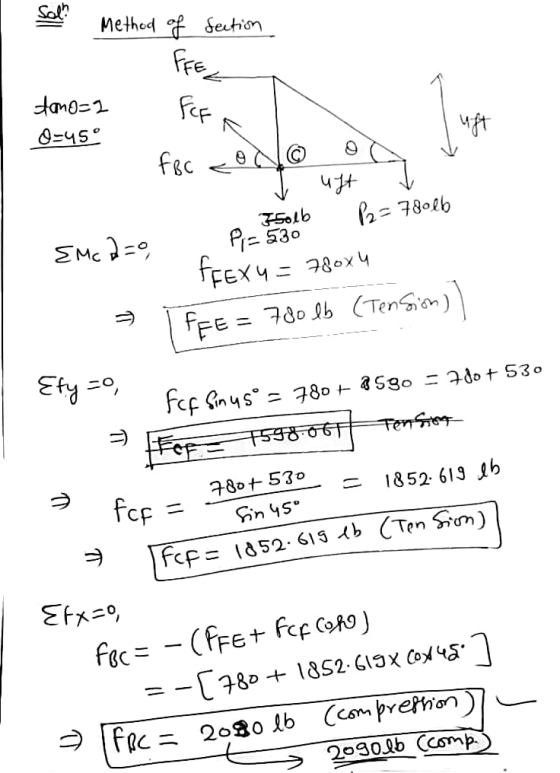 Sol Method of Section FIEL dano=2 O=45° for a foc color 14 EMcd=o, Prz Zsolb P2 = 78016 FEEXU = 780x4 fpe = 780 lb (Tension)