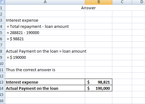 Answer 3 Interest expense 4 = Total repayment - loan amount 5 = 288821 - 190000 6 = $ 98821 8 Actual Payment on the loan = lo