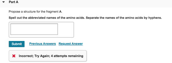 Part A Propose a structure for the fragment A. Spell out the abbreviated names of the amino acids. Separate the names of the amino acids by hyphens. Submit Previous Answers Request Answer X Incorrect; Try Again; 4 attempts remaining